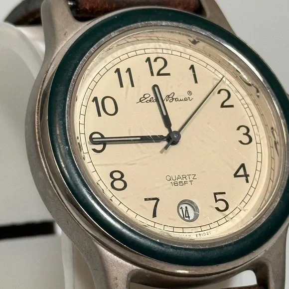 Eddie Bauer Field Watch Green Bezel Cream Dial New Battery - Picture 2 of 12